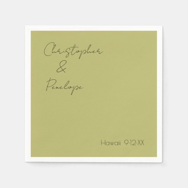 Minimalist Calligraphy Olive Green Travel Wedding Napkins (Front)