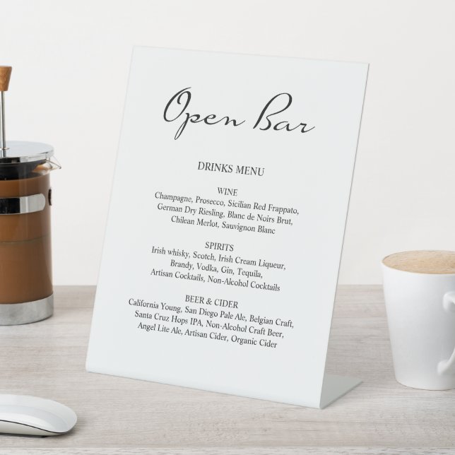 Minimalist Calligraphy Open Bar White Wedding Pedestal Sign (In SItu)