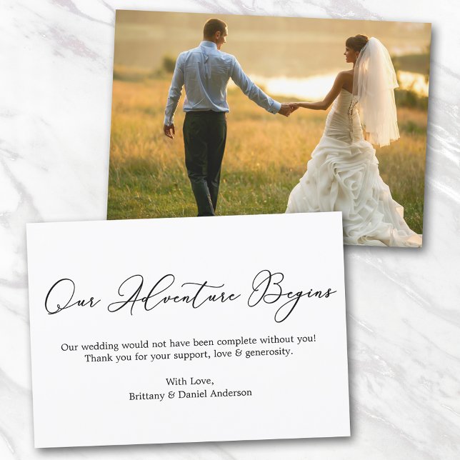 Minimalist Calligraphy Our Adventure Thank You Card (Customize to change your personalized text size or text style.)