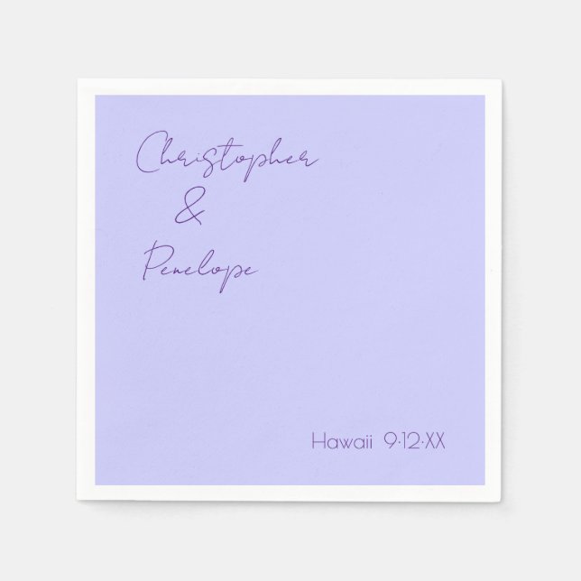 Minimalist Calligraphy Periwinkle Travel Wedding Napkins (Front)