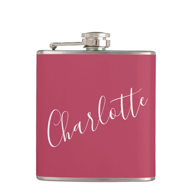 Minimalist Calligraphy Personalized Name Magenta  Flask (Front)