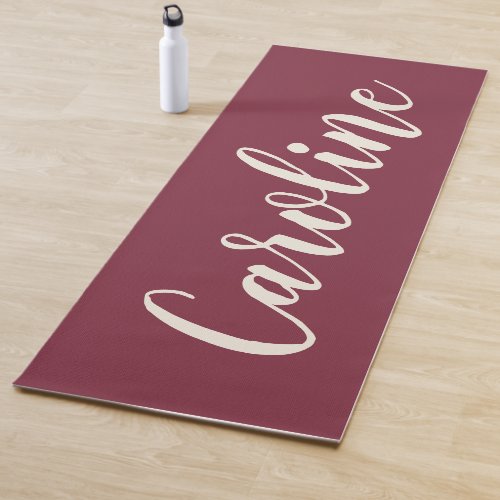 Minimalist Calligraphy Personalized Name Maroon Yoga Mat