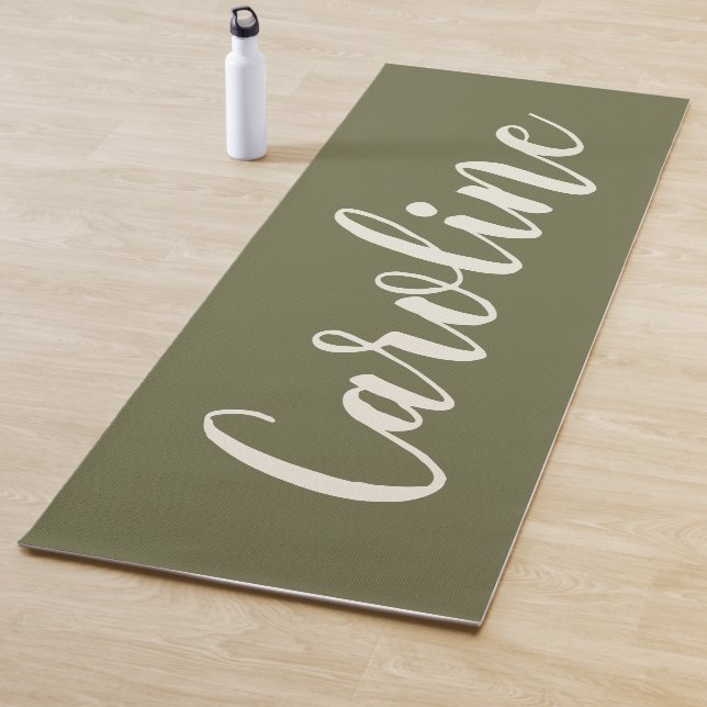 Minimalist Calligraphy Personalized Name Olive  Yoga Mat (In Situ)