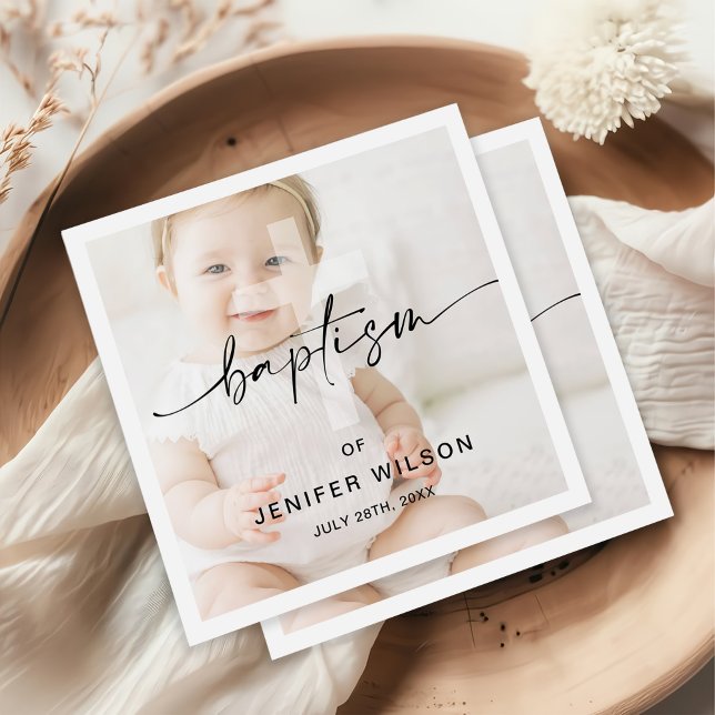 Minimalist Calligraphy Photo Baby Baptism Napkins (Creator Uploaded)