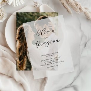 Minimalist Calligraphy Photo Overlay Wedding Vellum Invitations