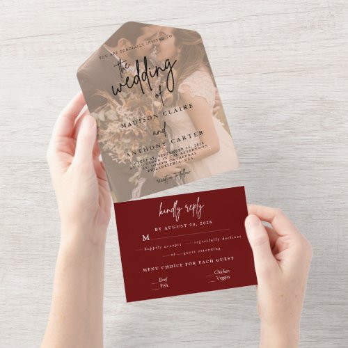 Minimalist Calligraphy Photo Red Burgundy Wedding All In One Invitation