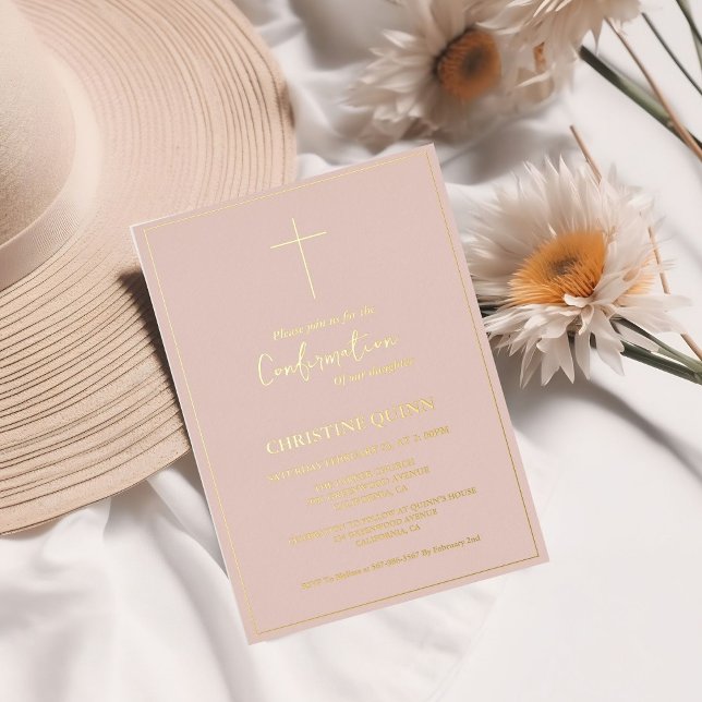 Minimalist Calligraphy Pink And Gold Confirmation Foil Invitation (Creator Uploaded)