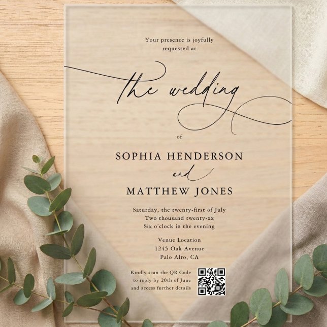 Minimalist  Calligraphy QR Cod Wedding Acrylic Invitations (Creator Uploaded)