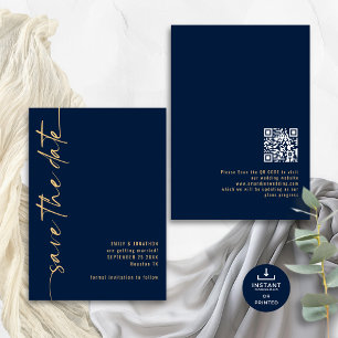 Minimalist Calligraphy QR Code Navy Gold Wedding Save The Date
