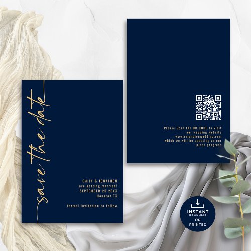 Minimalist Calligraphy QR Code Navy Gold Wedding  Save The Date