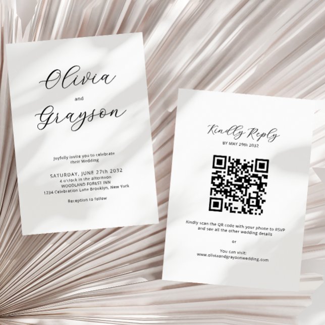 Minimalist Calligraphy QR code RSVP Wedding Invitation (Creator Uploaded)