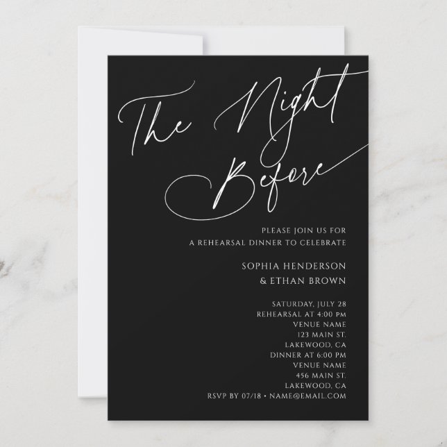 Minimalist Calligraphy Rehearsal Dinner Black Invitation (Front)