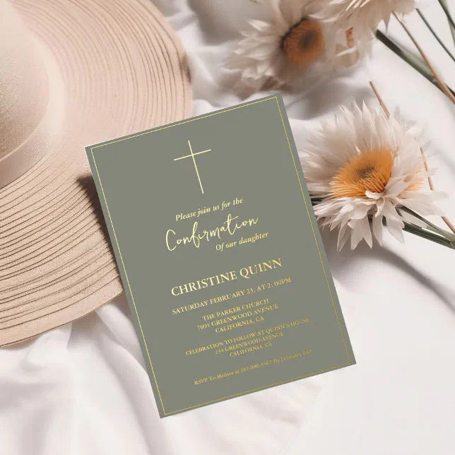 Minimalist Calligraphy Sage Green Confirmation Foil Invitation | Zazzle