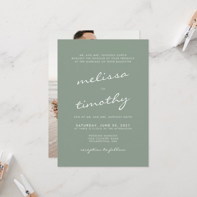 Minimalist Calligraphy Sage Green Wedding Photo Invitation (Front/Back In Situ)