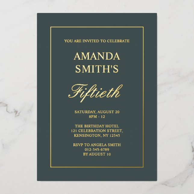 Minimalist Calligraphy Script 50th Birthday Foil Invitation (Front)