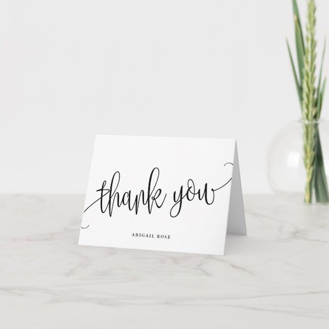 Minimalist Calligraphy Script Black and White Thank You Card (Front)
