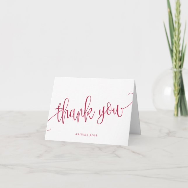 Minimalist Calligraphy Script Magenta Letterpress Thank You Card (Front)