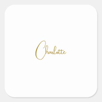 Minimalist Calligraphy Script Name Gold Color Square Sticker by made_in_atlantis at Zazzle
