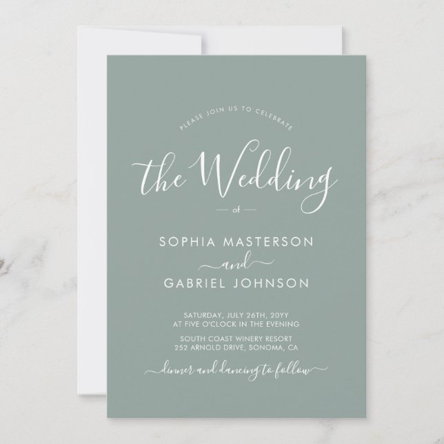 Minimalist Calligraphy Script Sage Green Wedding Invitation (Front)