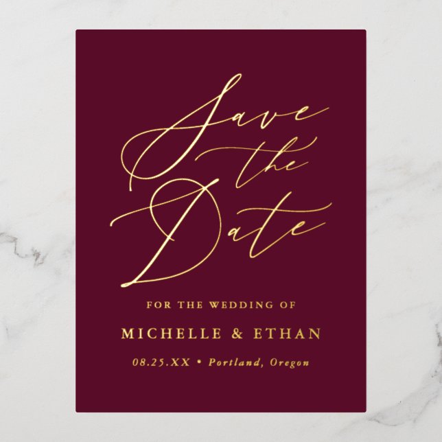 Minimalist Calligraphy Script Save the Date Foil Invitation Postcard (Front)