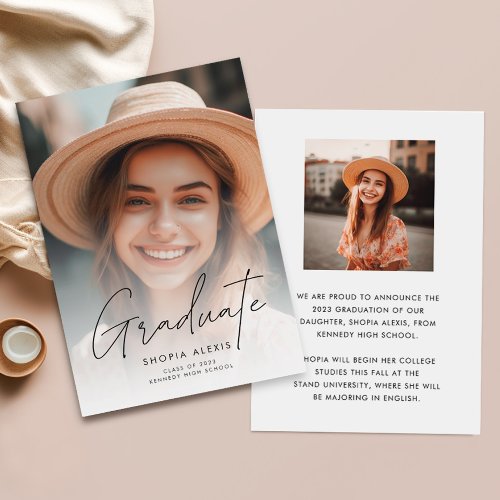 Minimalist Calligraphy Script Two Photo Graduation Announcement