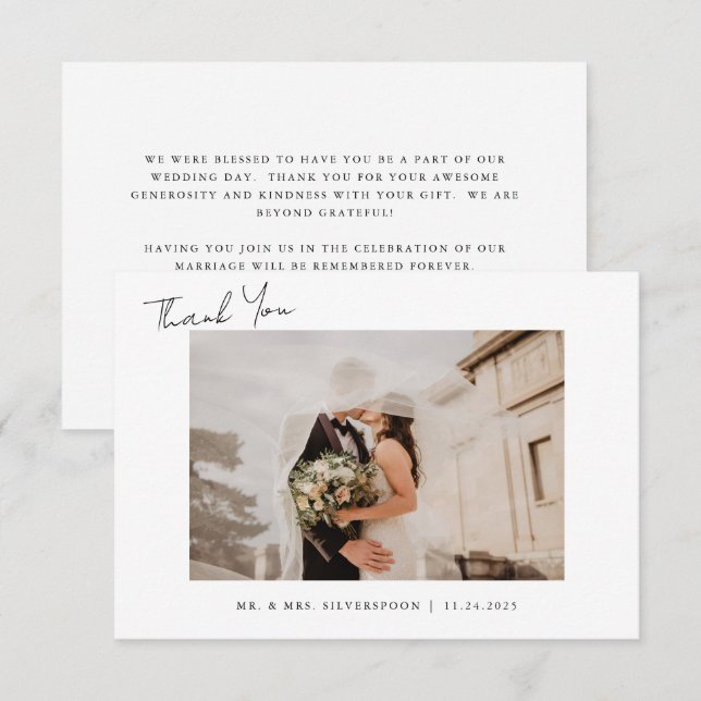 Minimalist Calligraphy Script Wedding Photo   Thank You Card (Front/Back)