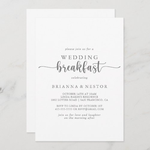 Minimalist Calligraphy Silver Wedding Breakfast   Invitation