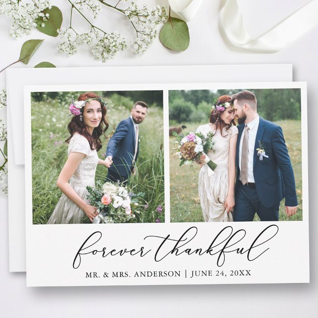 Minimalist Calligraphy Thankful 2 Photo Wedding Thank You Card (Customize to add text or more photos to back of card.)