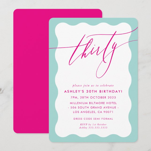 MINIMALIST Calligraphy wave 30th party pink mint Invitation (Front/Back)