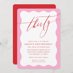MINIMALIST Calligraphy wave 30th party pink red Invitation