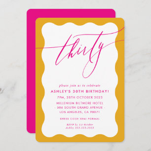 MINIMALIST Calligraphy wave 30th party pink yellow Invitation