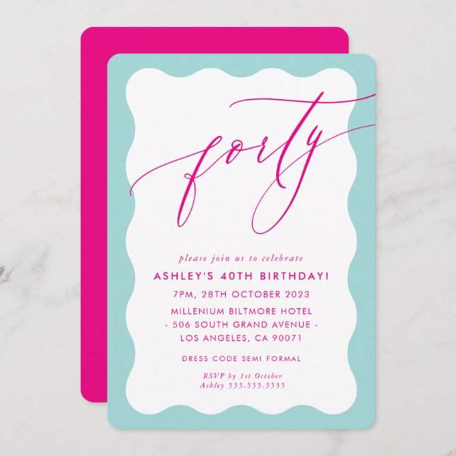 MINIMALIST Calligraphy wave 40th party mint pink Invitation (Front/Back)
