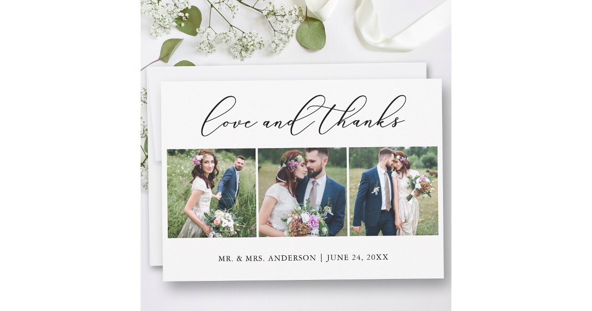 Minimalist Calligraphy Wedding 3 Photos Love Thank You Card | Zazzle