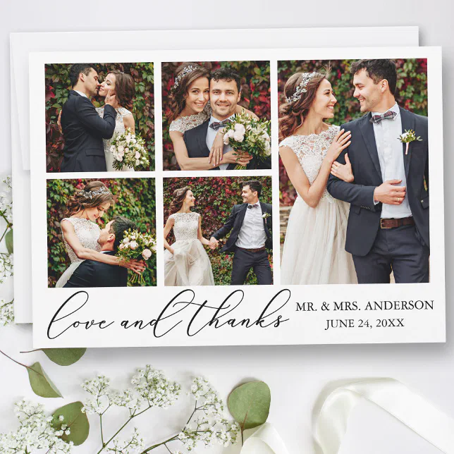 Minimalist Calligraphy Wedding 5 Photo Love Thank You Card | Zazzle