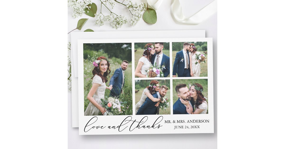Minimalist Calligraphy Wedding 5 Photos Love Thank You Card | Zazzle