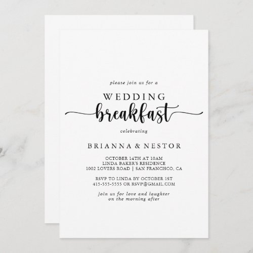 Minimalist Calligraphy Wedding Breakfast  Invitation