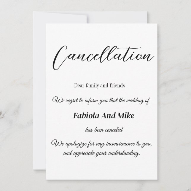 Minimalist calligraphy wedding cancellation announcement (Front)