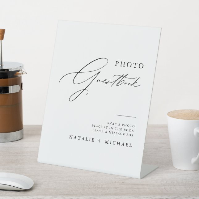 Minimalist Calligraphy Wedding Photo Guestbook Pedestal Sign (In SItu)