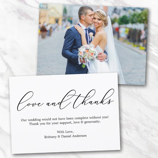 Minimalist Calligraphy Wedding Photo Love Thanks Card (Customize to change your personalized text size or text style.)