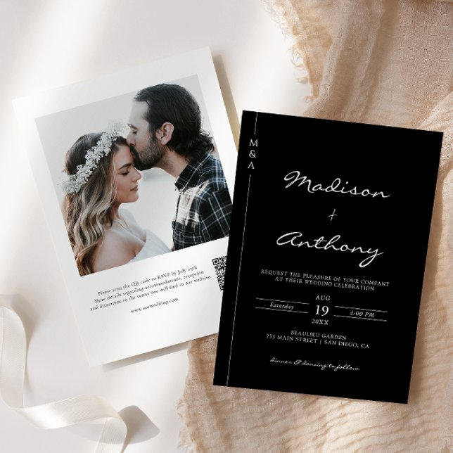 Minimalist Calligraphy Wedding Photo QR Code  Invitation (Creator Uploaded)