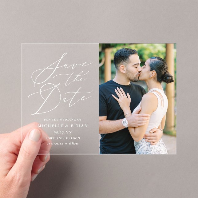 Minimalist Calligraphy Wedding Save the Date Acrylic Invitations (Insitu (Handheld))
