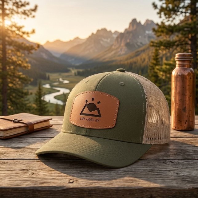 Minimalist Camping Adventure | Retro Mountain  Leather Patch Hat (Creator Uploaded)