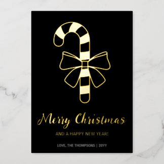 Minimalist Candy Cane With A Bow On Black Foil Holiday Card