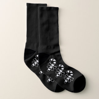 Minimalist Candy Canes With Bows - White On Black Socks