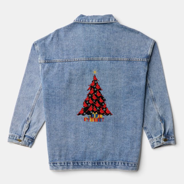 Minimalist Cardinal Birds Christmas Tree Denim Jacket (Back)