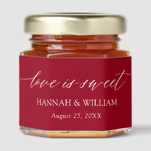Minimalist Carmine Red Love is sweet Wedding Honey Jar Favors