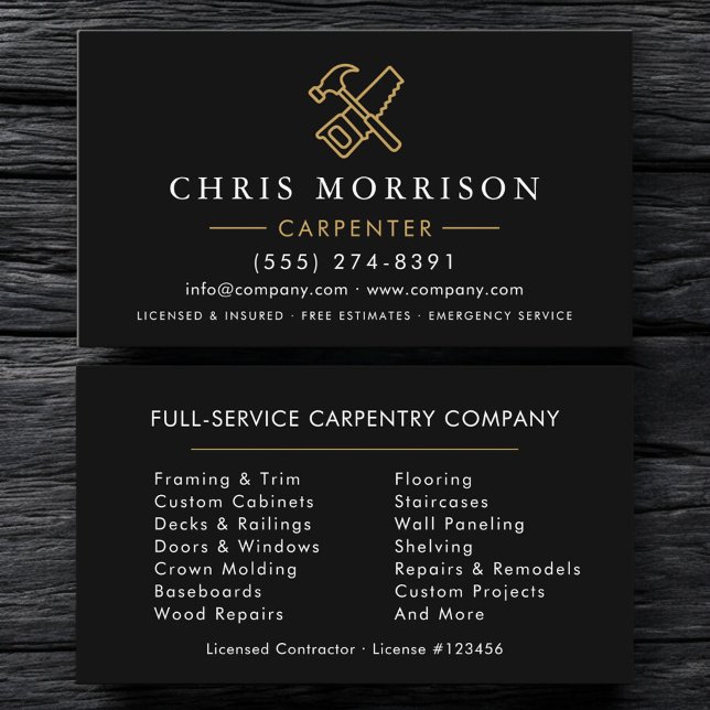Minimalist Carpenter Black Gold Modern Business Card (Creator Uploaded)
