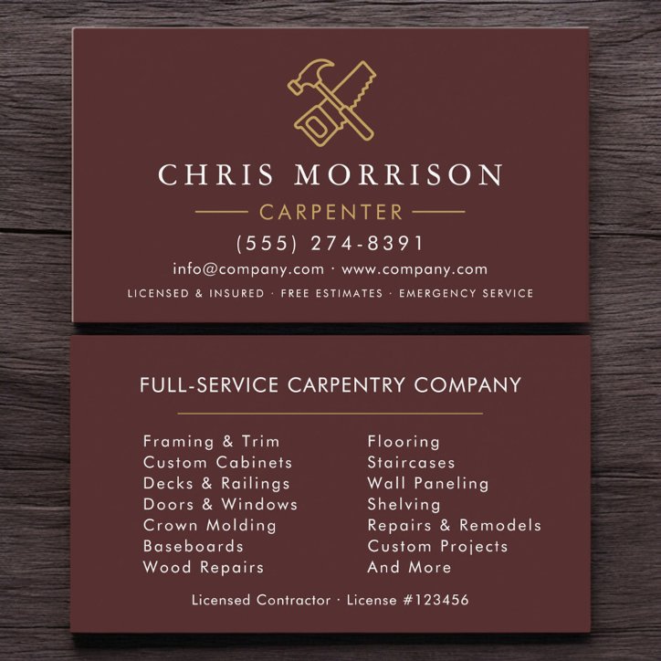 Minimalist Carpenter Burgundy Gold Modern Business Card
