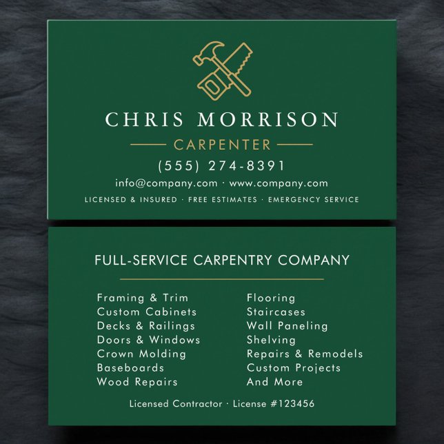 Minimalist Carpenter Green Gold Modern Business Card (Creator Uploaded)