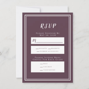 Minimalist Cassis Purple Wedding RSVP Menu Card